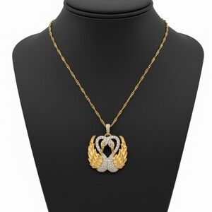 Nolan Miller Swan Pendant Necklace Gold Tone Enamel Rhinestone Pave Lovebirds